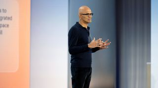 Microsoft CEO Satya Nadella speaking on stage during an event at the Microsoft campus in Redmond, Washington, US.