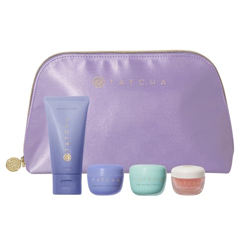 Tatcha's Travel Essentials Set - Trial-Size Bestselling Japanese Skincare - Travel Bag With a Mini Rice Wash, Dewy Skin Cream, Water Cream, and Kissu Lip Mask - Tsa Friendly Kit &amp; Gift Set