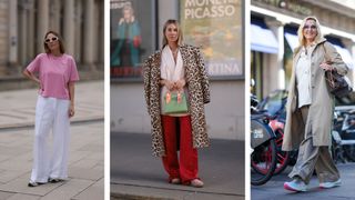 Street style influencers showing shoes to wear with wide leg trousers trainers