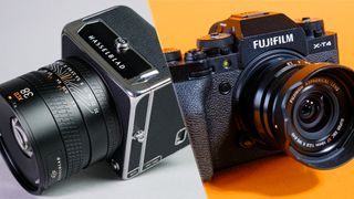 A split photograph with the Hasselblad 907X + CFV 100C on the left against a gray background, and a black Fujifilm X-T4 on the right against an orange background.