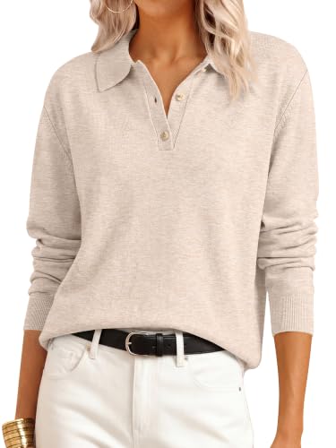 Anrabess Sweaters for Women Polo Collared Knit Long Sleeve Pullover,almond,m