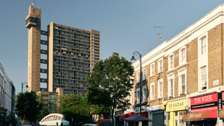 Grade II-listed Trellick Tower, photographed from street level