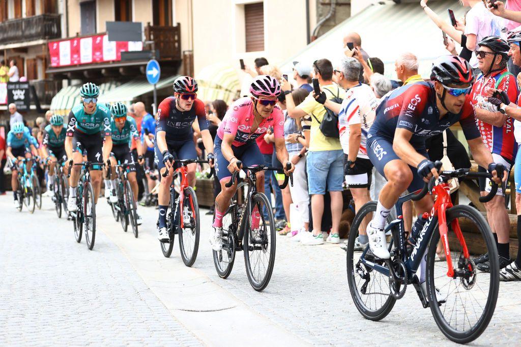 COGNE ITALY MAY 22 Richard Carapaz of Ecuador and Team INEOS Grenadiers Pink Leader Jersey competes during the 105th Giro dItalia 2022 Stage 15 a 177km stage from Rivarolo Canavese to Cogne 1622m Giro WorldTour on May 22 2022 in Cogne Italy Photo by Michael SteeleGetty Images