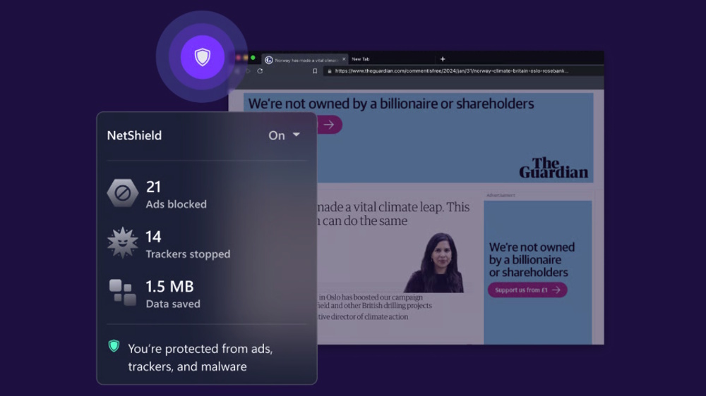 ProtonVPN's Netshield tool interface overlaying a screenshot from The Guardian website.