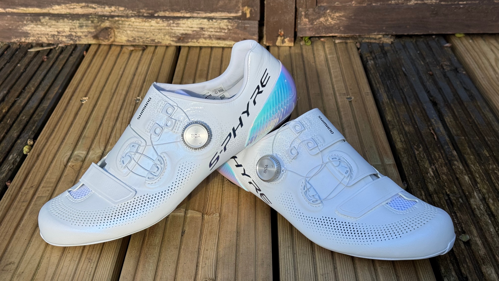 The Shimano S-Phyre RC903 PWR in white on decking