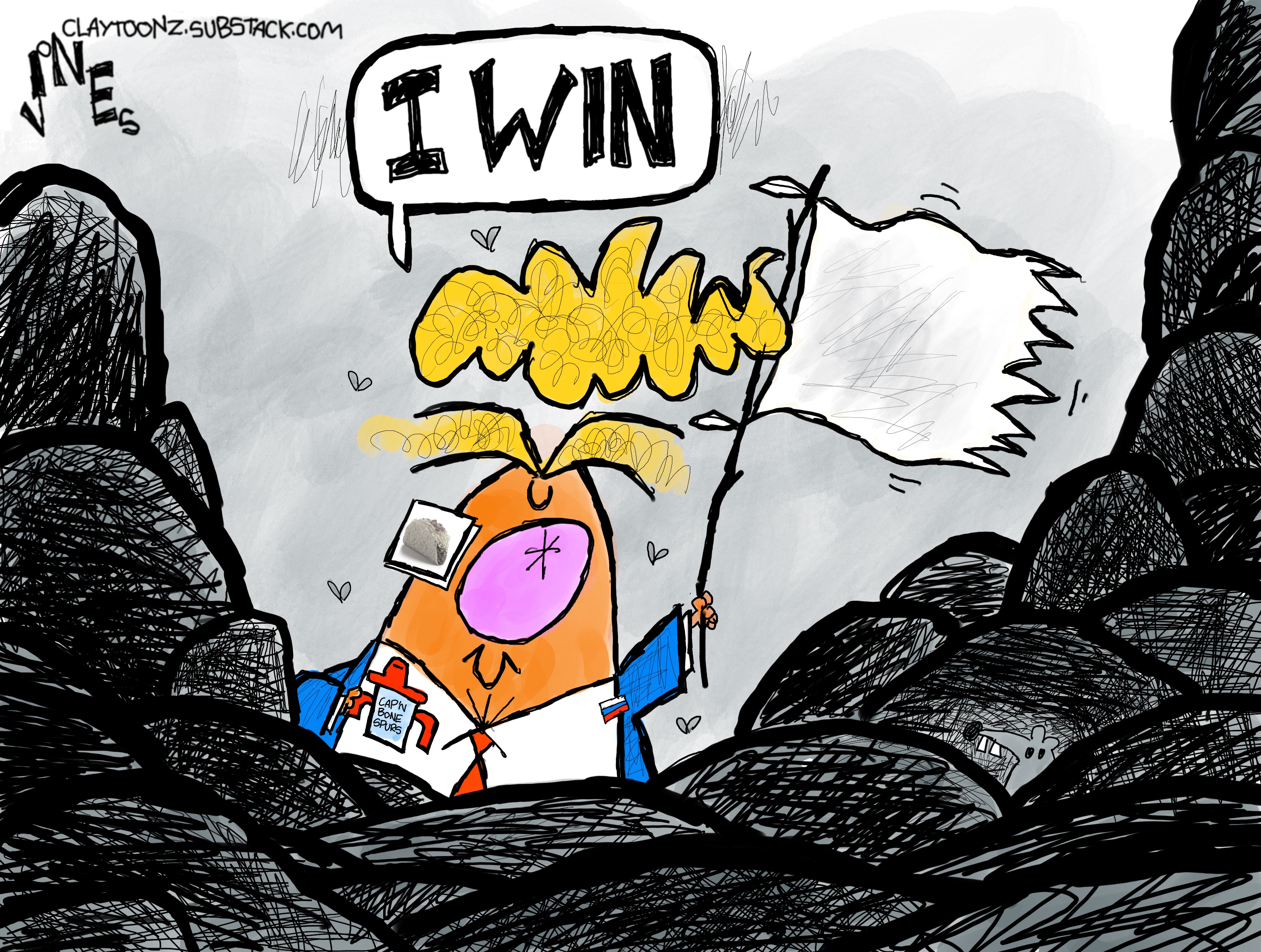 Donald Trump looks out from rubble, waves a white flag of surrender and says, &amp;ldquo;I win.&amp;rdquo;