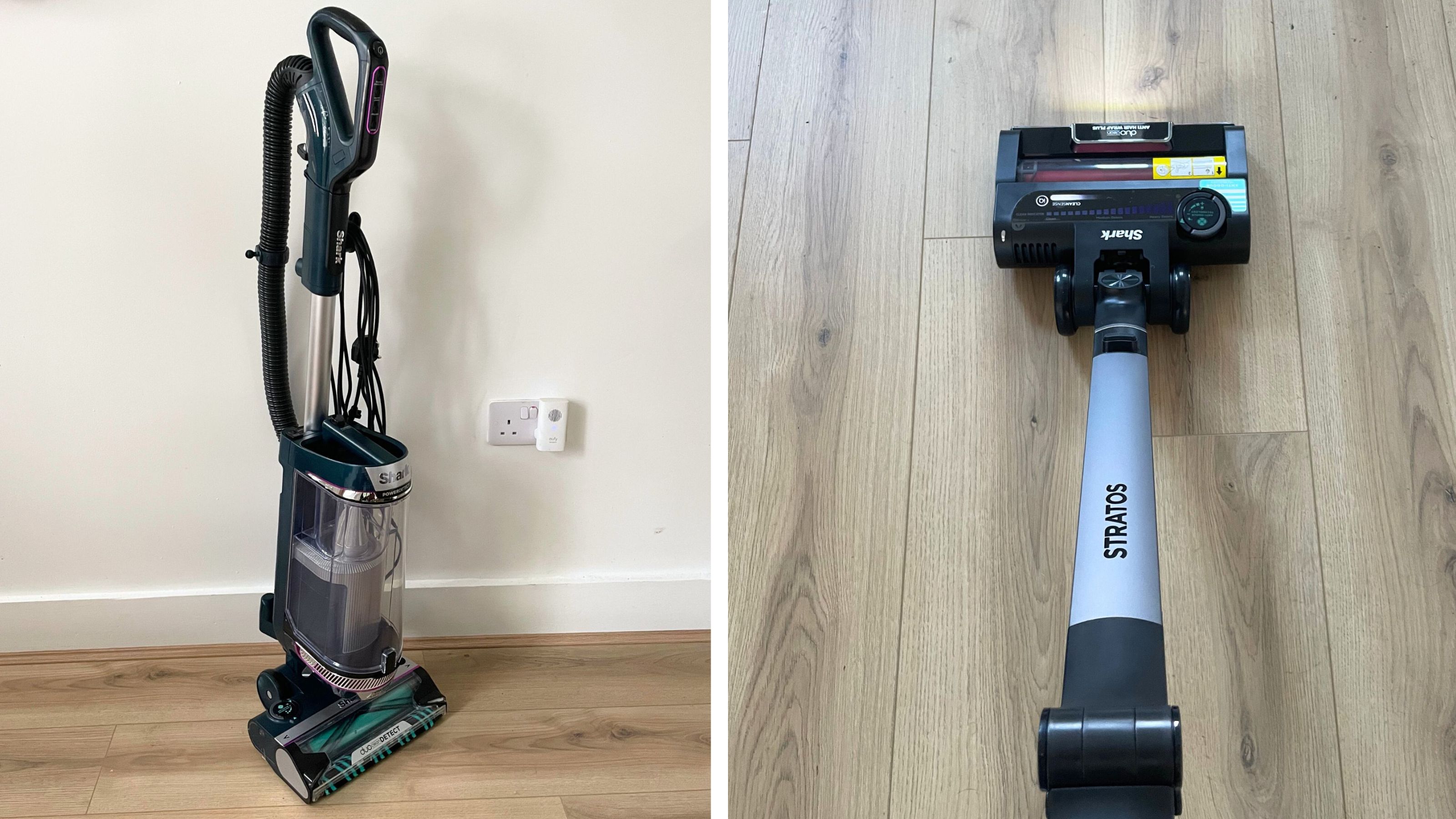 Two shark vacuums sitting side beside on wood-effect flooring