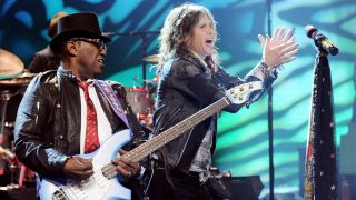 Musician Randy Jackson (L) and singer Steven Tyler perform on the Tonight Show With Jay Leno at NBC Studios on January 20, 2012 in Burbank, California.