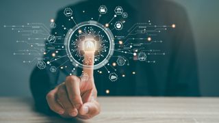 A stylized image of an unidentified person pressing a rendered 'AI button' in the air, with digital traces, icon, and other images surrounding the button.