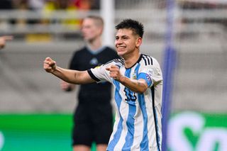 Manchester City signing Claudio Echeverri of Argentina celebrates after scoring the team's third goal and hat trick during FIFA U-17 World Cup Quarterfinal match between Argentina and Brazil at Jakarta International Stadium