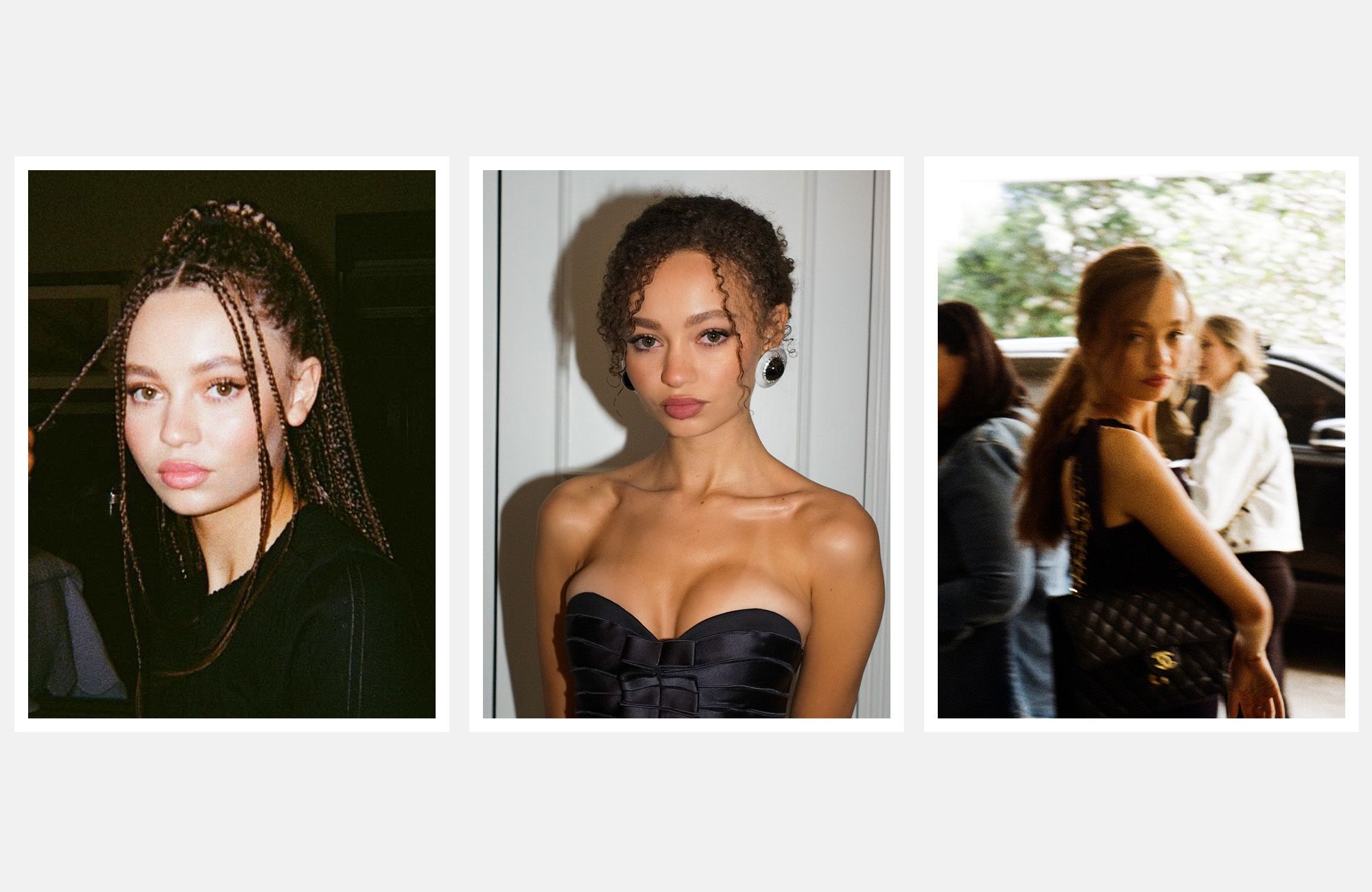 Three images of Nico Parker dressed up for various events