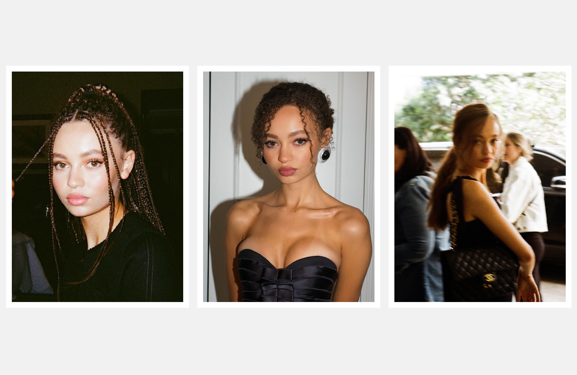 Three images of Nico Parker dressed up for various events
