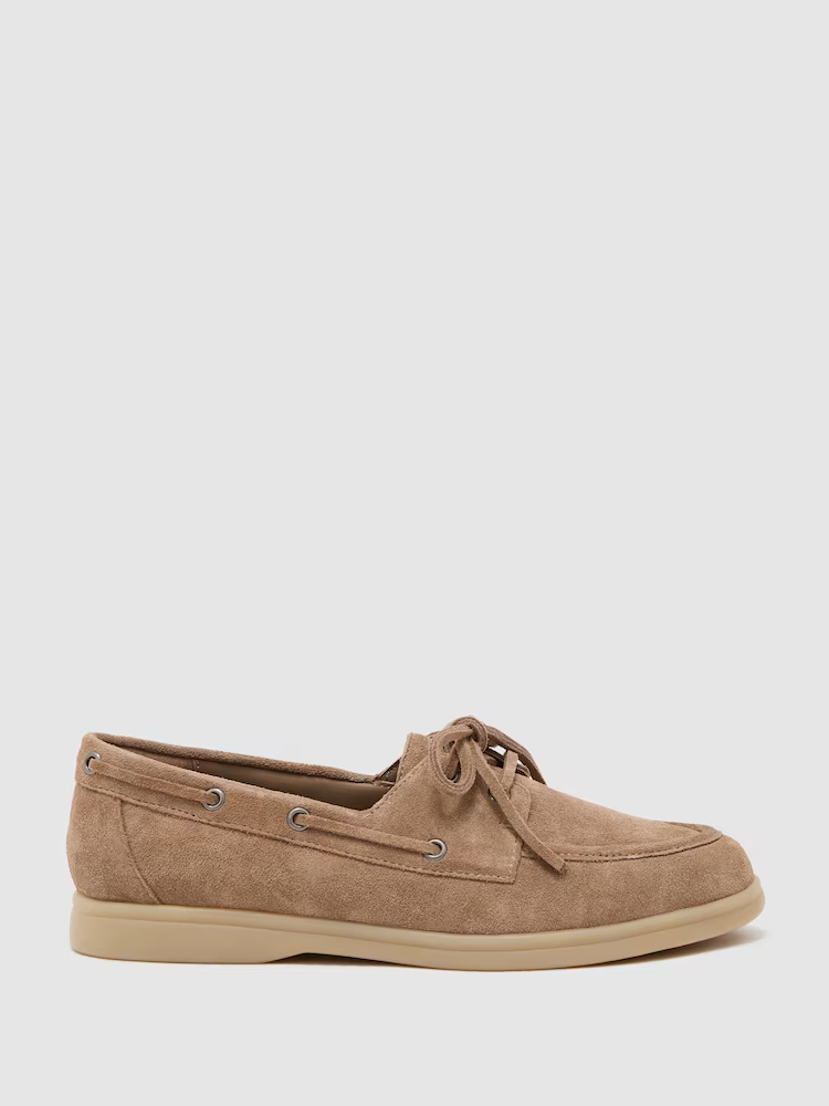 Reiss, Suede Flat Boat Shoes in Taupe