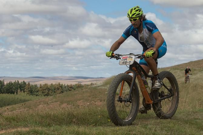 Mannie Heymans of team Mediclinic SUNheart on a fat bike