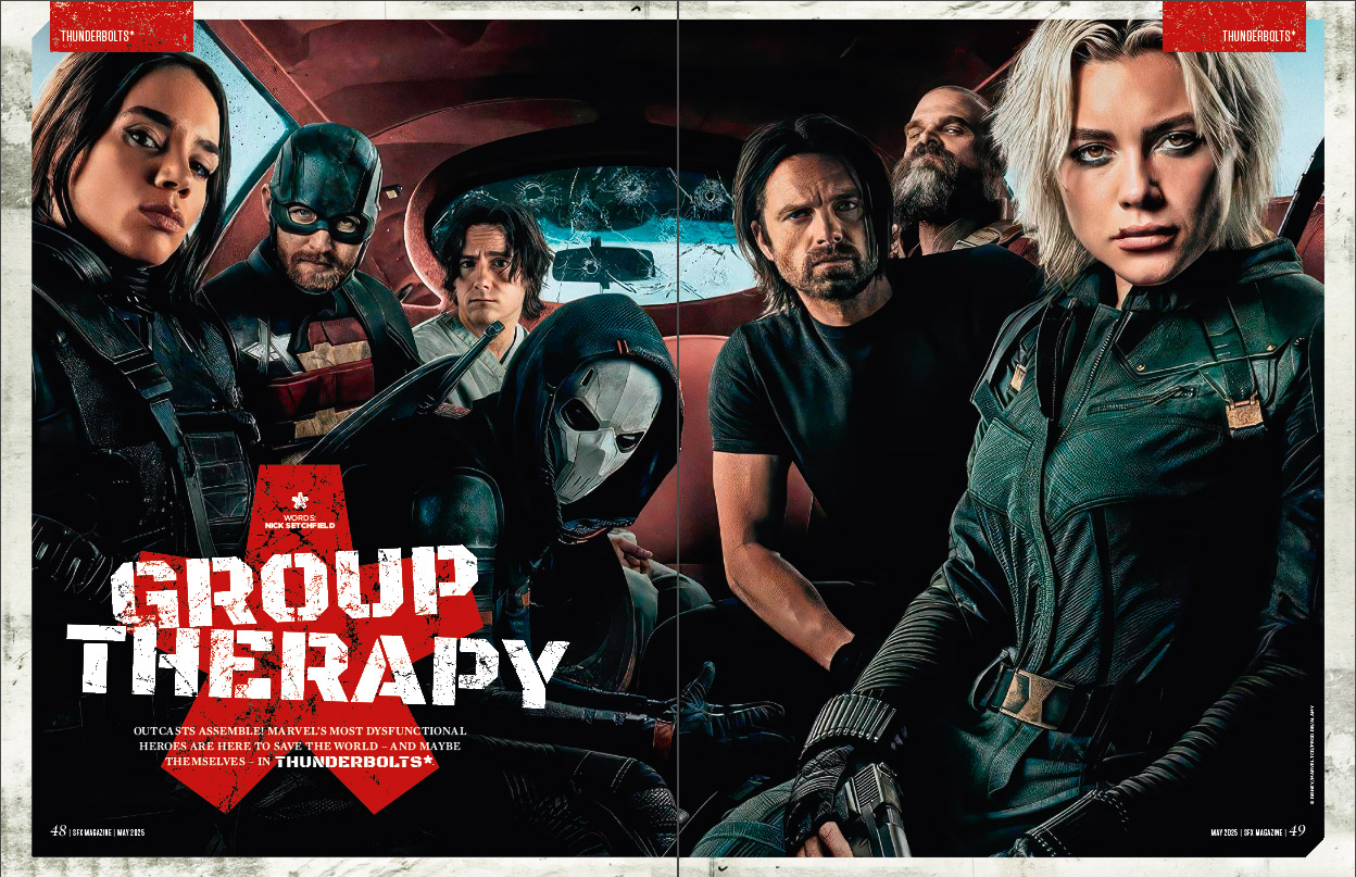 All seven of the Thunderbolts team, in the back of a vehicle.