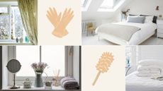 composite of open windown, tidy bedroom, busy windowsill and folded duvet on bed