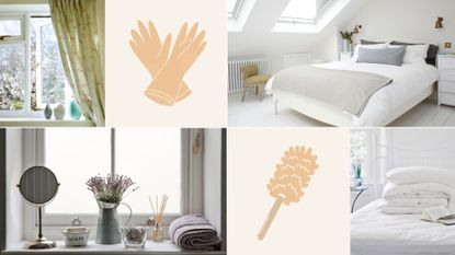 composite of open windown, tidy bedroom, busy windowsill and folded duvet on bed