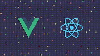 Digital illustration showing the logos for Vue and React on a background of machine code