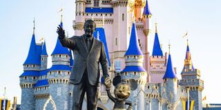 Walt Disney and Mickey statue in front of the Cinderella castle in Magic Kingdom
