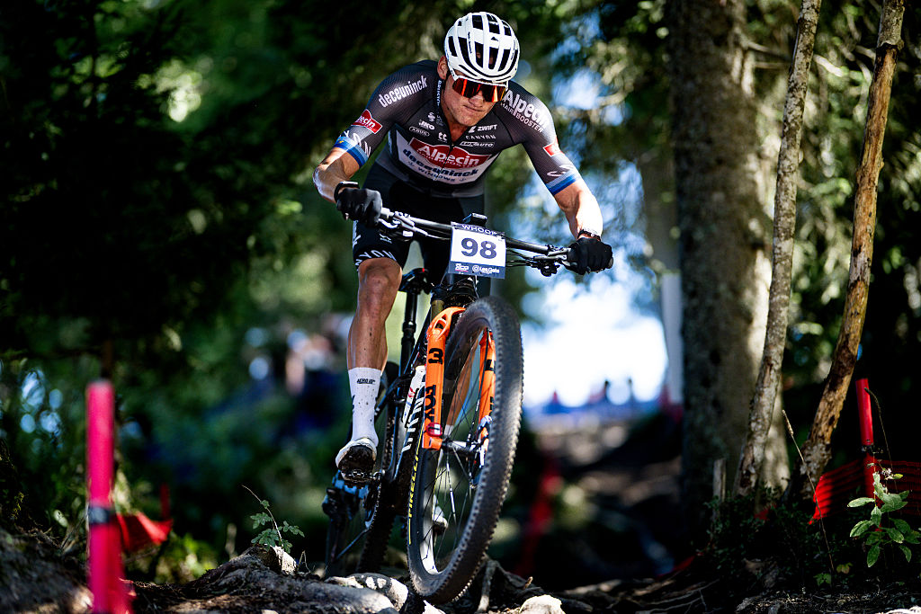 LES GETS, FRANCE - AUGUST 31:  Mathieu Van Der Poel of Netherlands and Team Alpedin - Deceuninck  competes during the Cross Country Race during the UCI Mountain Bike World Series Les Gets on August 31, 2025 in Les Gets, France. (Photo by Billy Ceusters/Getty Images)