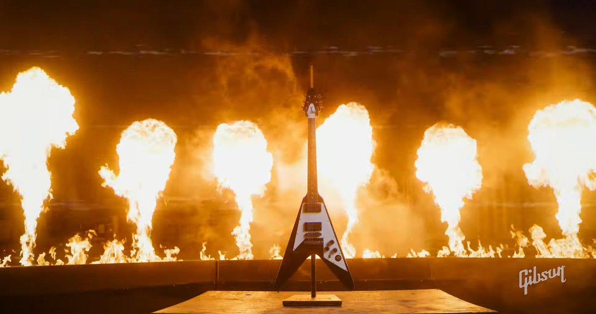 A picture of Gibson&#039;s new 1979 Kirk Hammett Flying V guitar