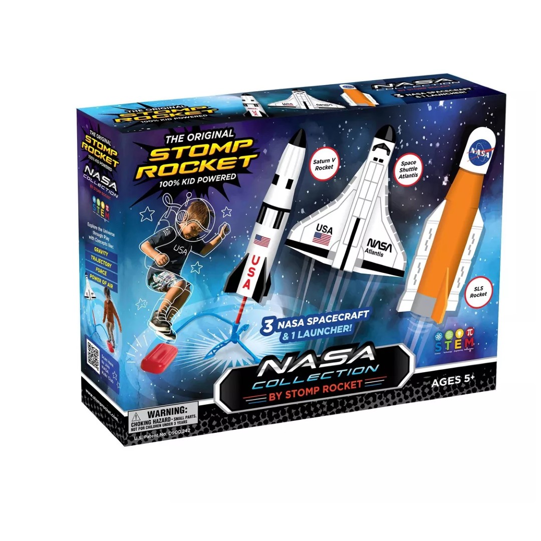 a box showing three different foam rockets shaped like various nasa space vehicles