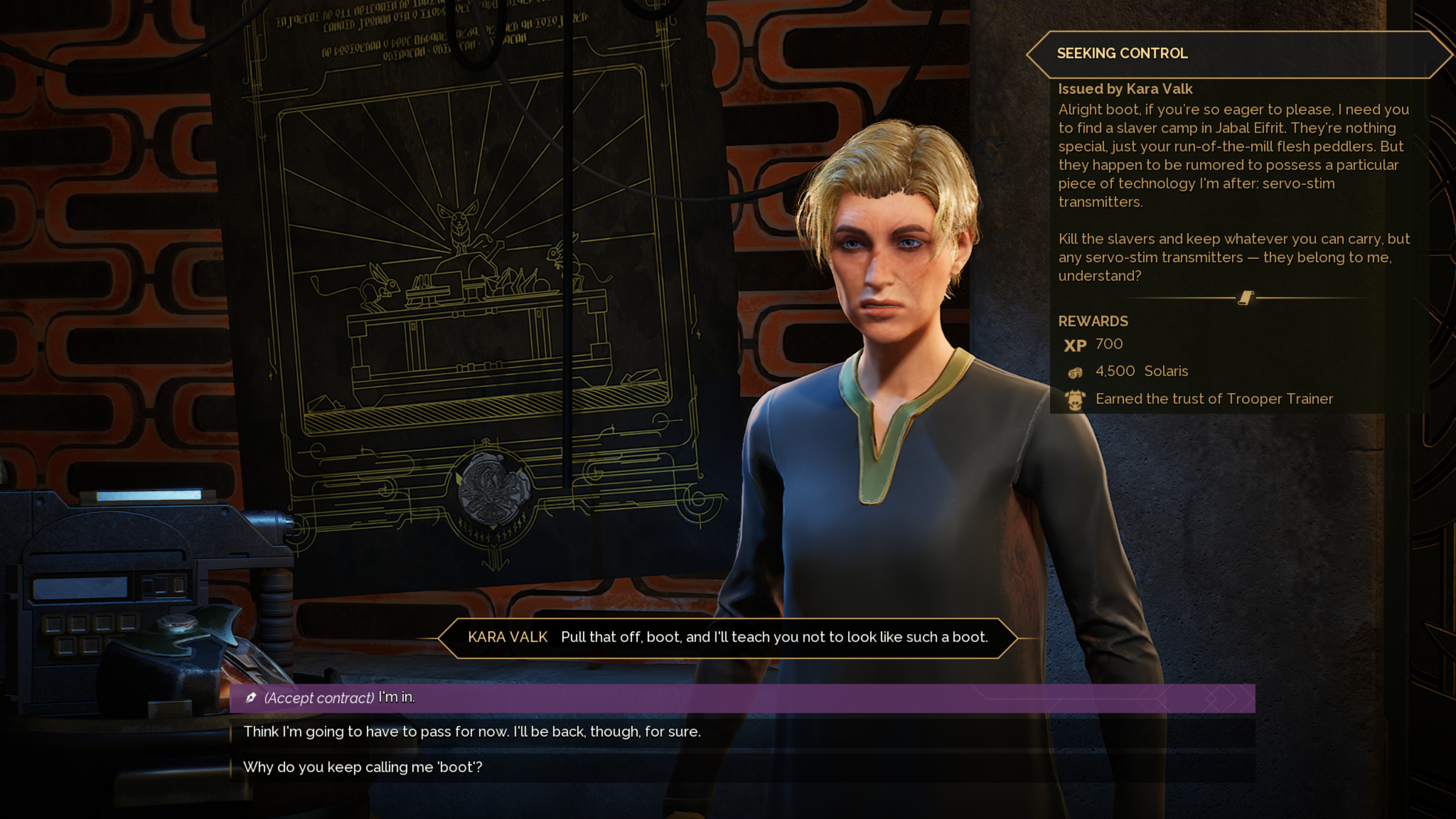 Dune: Awakening trainer locations - Talking to Kara Valk to accept the advanced Trooper quest Seeking Control.