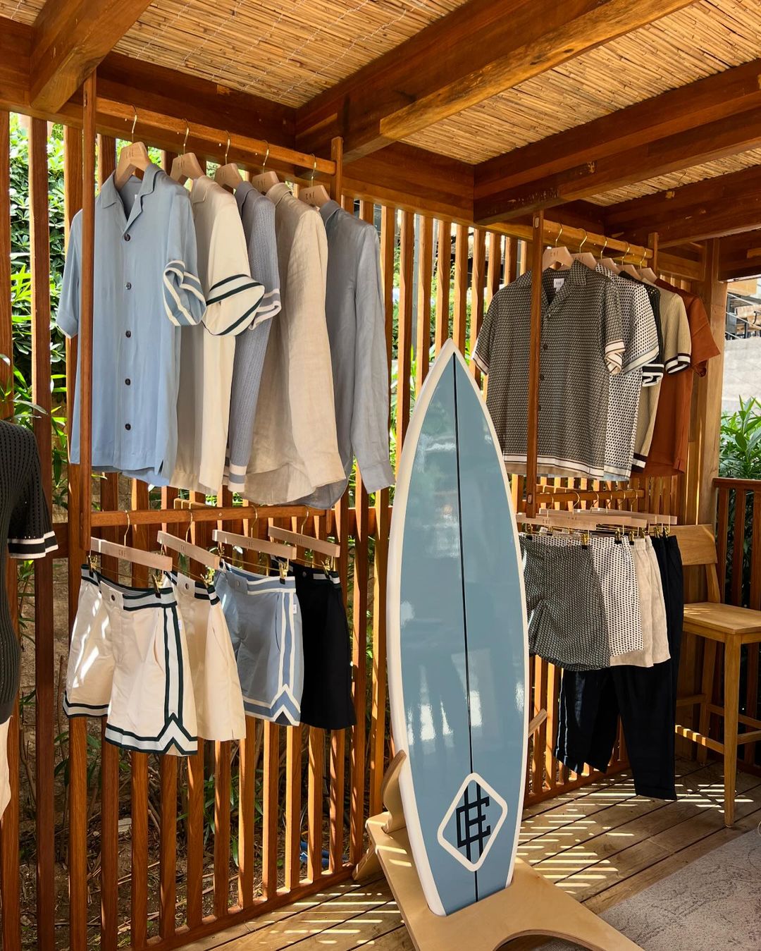 A resortwear pop-up shop is hosted in a beach-side wooden bungalow with an airy feel and plenty of natural sunlight.