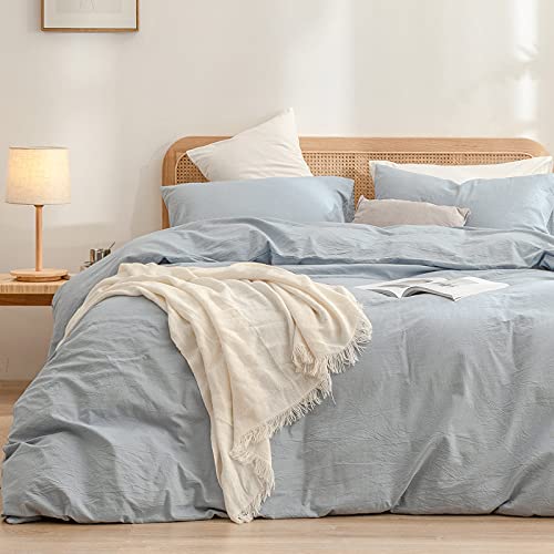Bestouch Duvet Cover Set 100% Washed Cotton Linen Feel Super Soft Comfortable Chic Lightweight 3 Pcs Home Bedding Set Cornflower Blue Queen