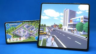 Android Game comparison of smaller screen versus foldable screen using Google Pixel 7a smartphone and Honor Magic V2 foldable phone using Pocket City 2.