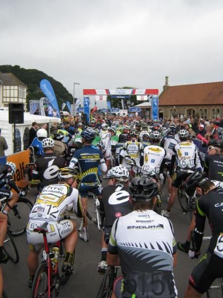 The peloton lines up in Minehead.