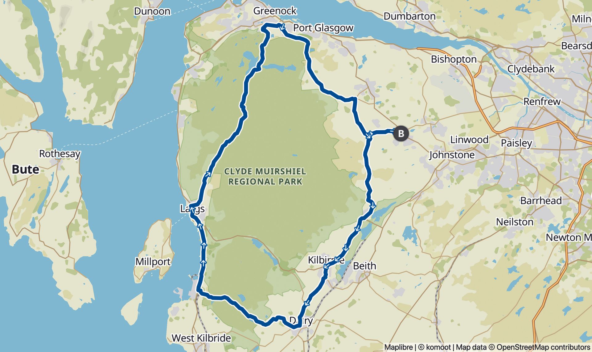 Komoot map of Clydemuirshiel National Park ride Glasgow
