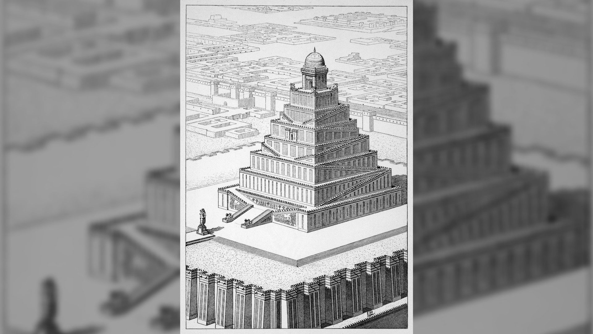The Ziggurat of Marduk or 'Etemenanki' (the fabled 'Tower of Babel') bravely reconstructed here by Chipiez. Due to quarrying the site is now a large hole. Date: 1902. It looks like a 7 layer step pyramid with a small domed building on top.