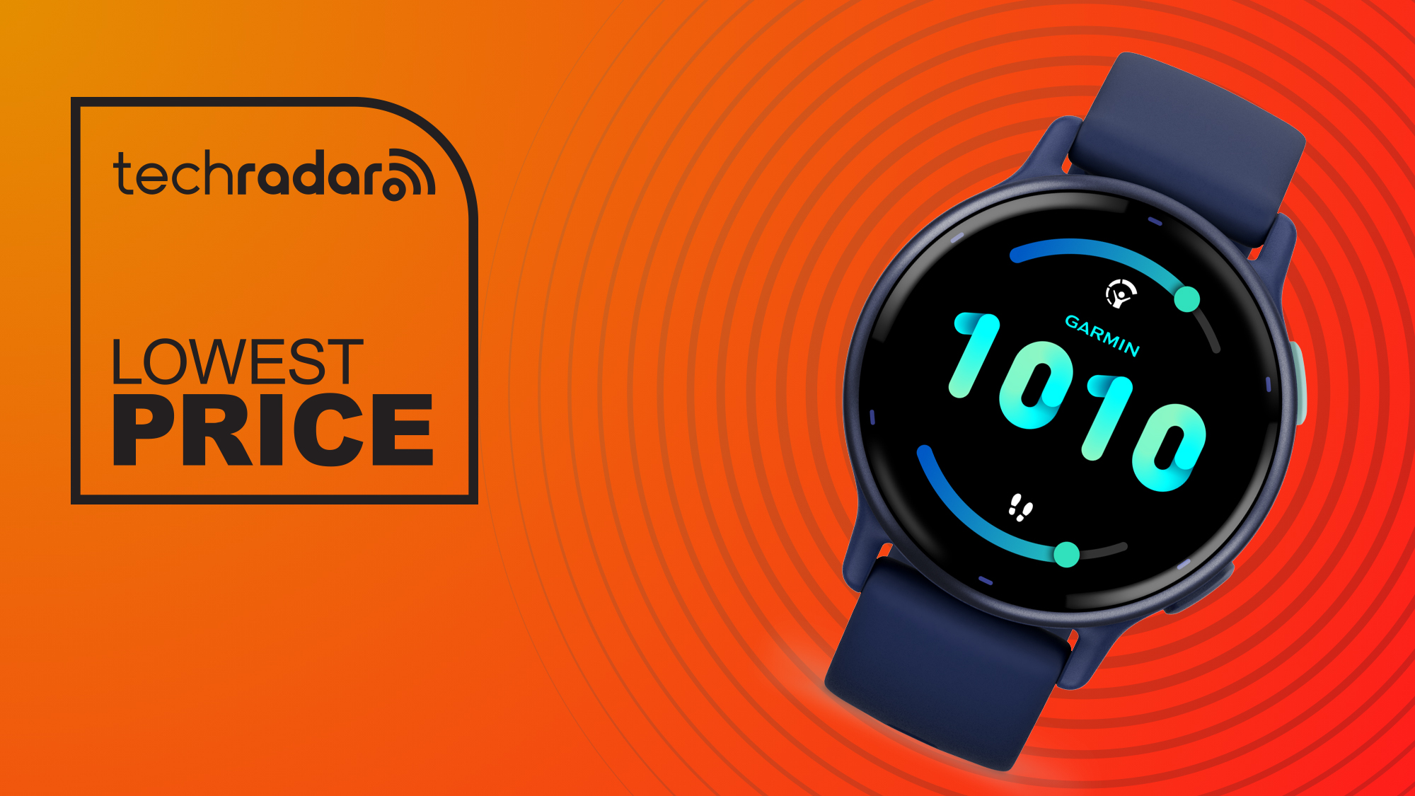 A Garmin smartwatch on a yellow-red background