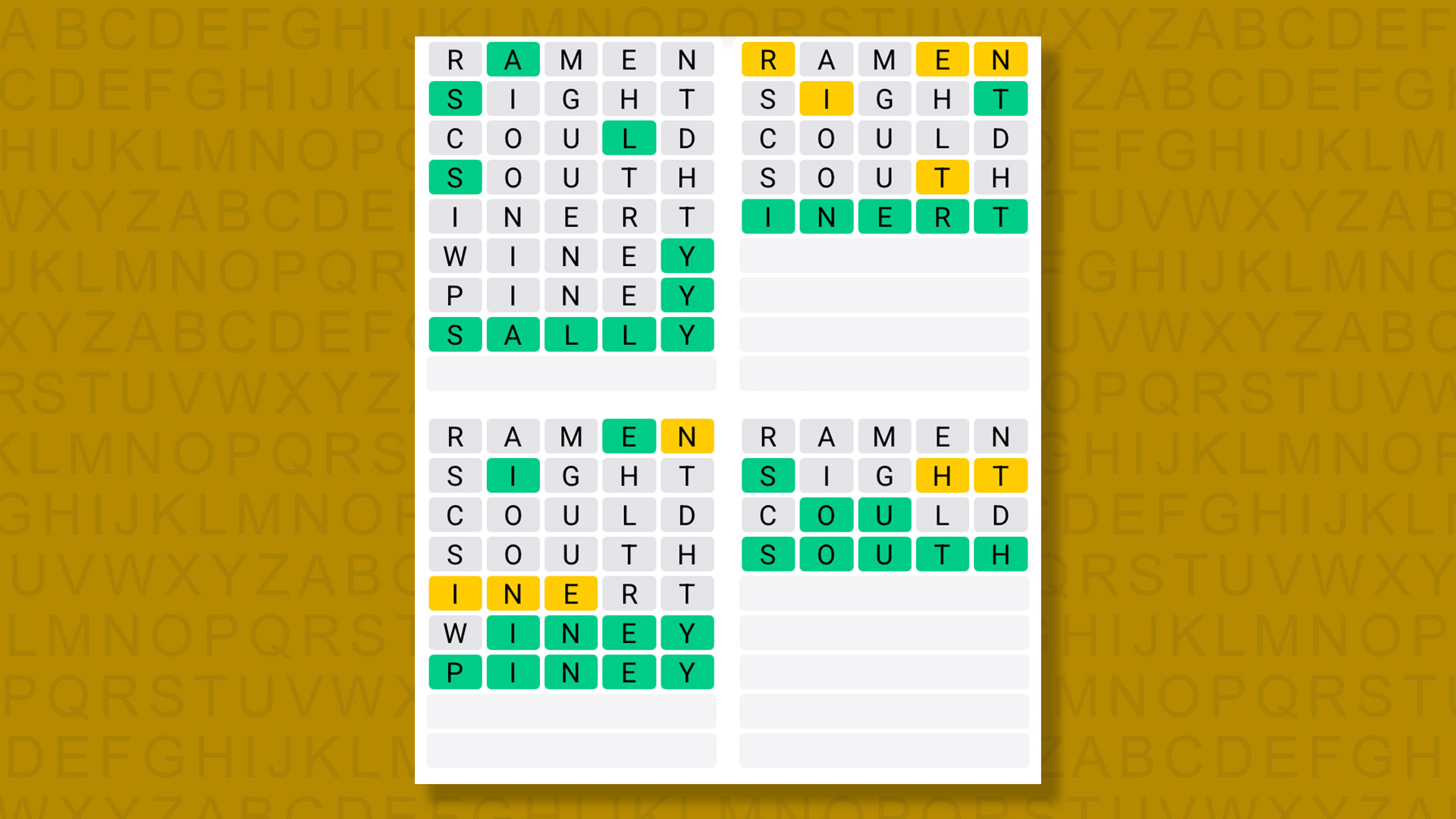 Quordle answers for game 1439 on a yellow background