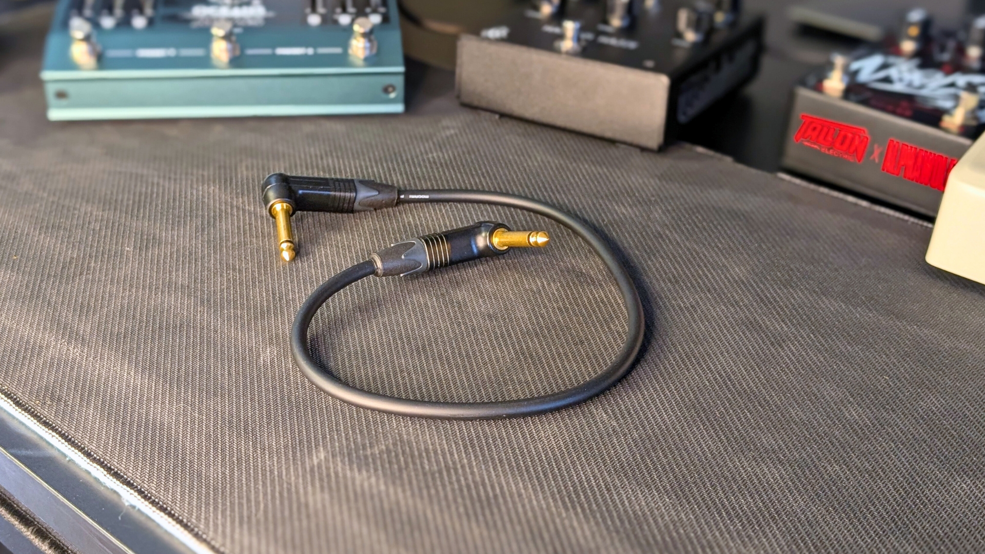 A Mogami Gold Patch Cable on a desk