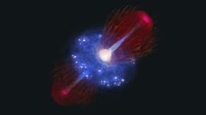 An illustration shows an overfeeding black hole in the early universe about to take a nap