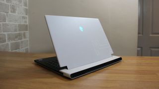 Alienware x14 laptop open, back view