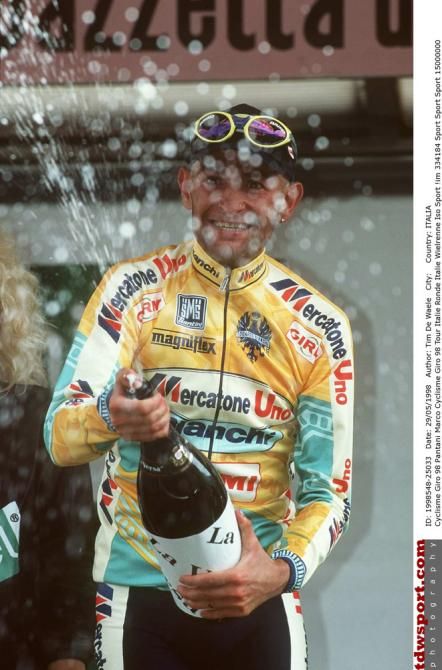 Marco Pantani uncorks the bubbly after winning the first of two stages at the 1998 Giro d'Italia