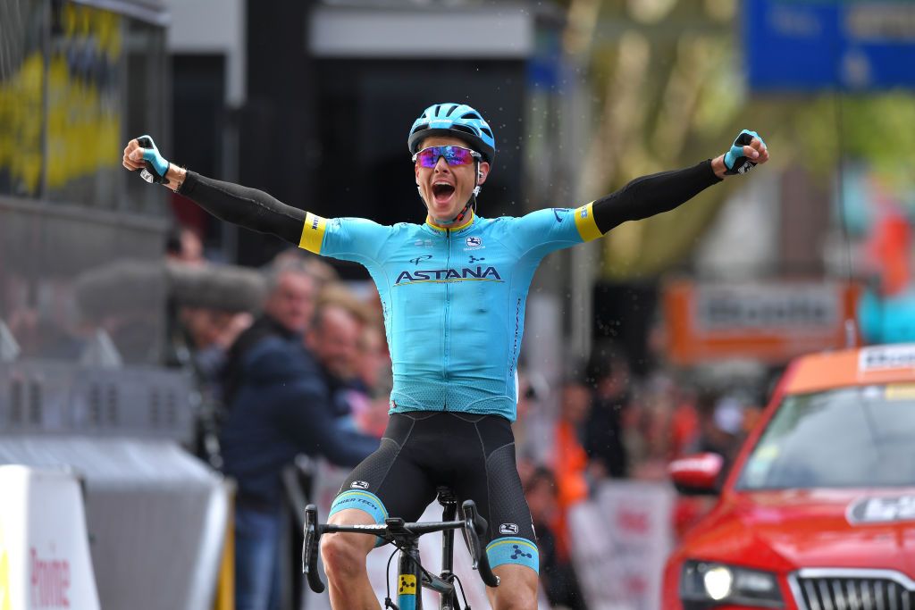 Astana&#039;s Jakob Fuglsang celebrates victory at the 2019 Liège-Bastogne-Liège