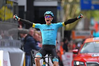 Astana's Jakob Fuglsang celebrates victory at the 2019 Liège-Bastogne-Liège