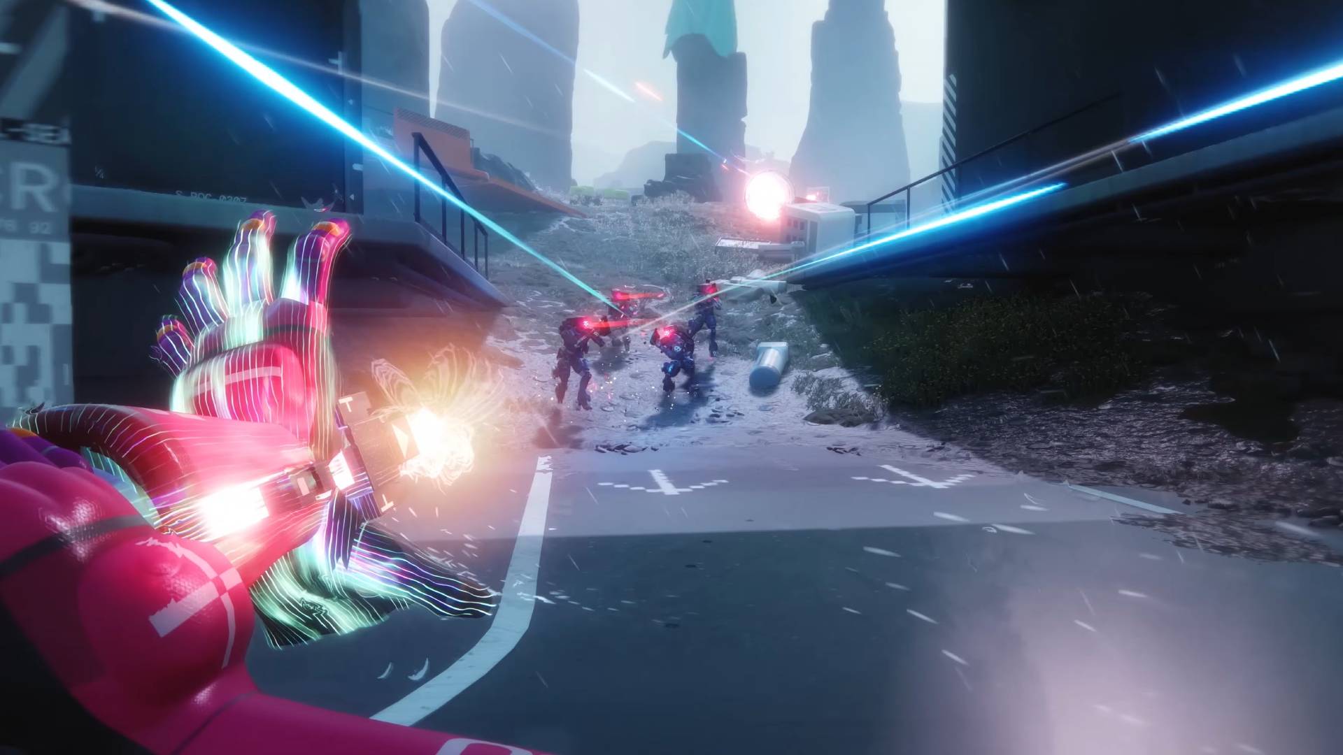 Marathon characters vandal runner shell charging up arm cannon to fire at UESC robots