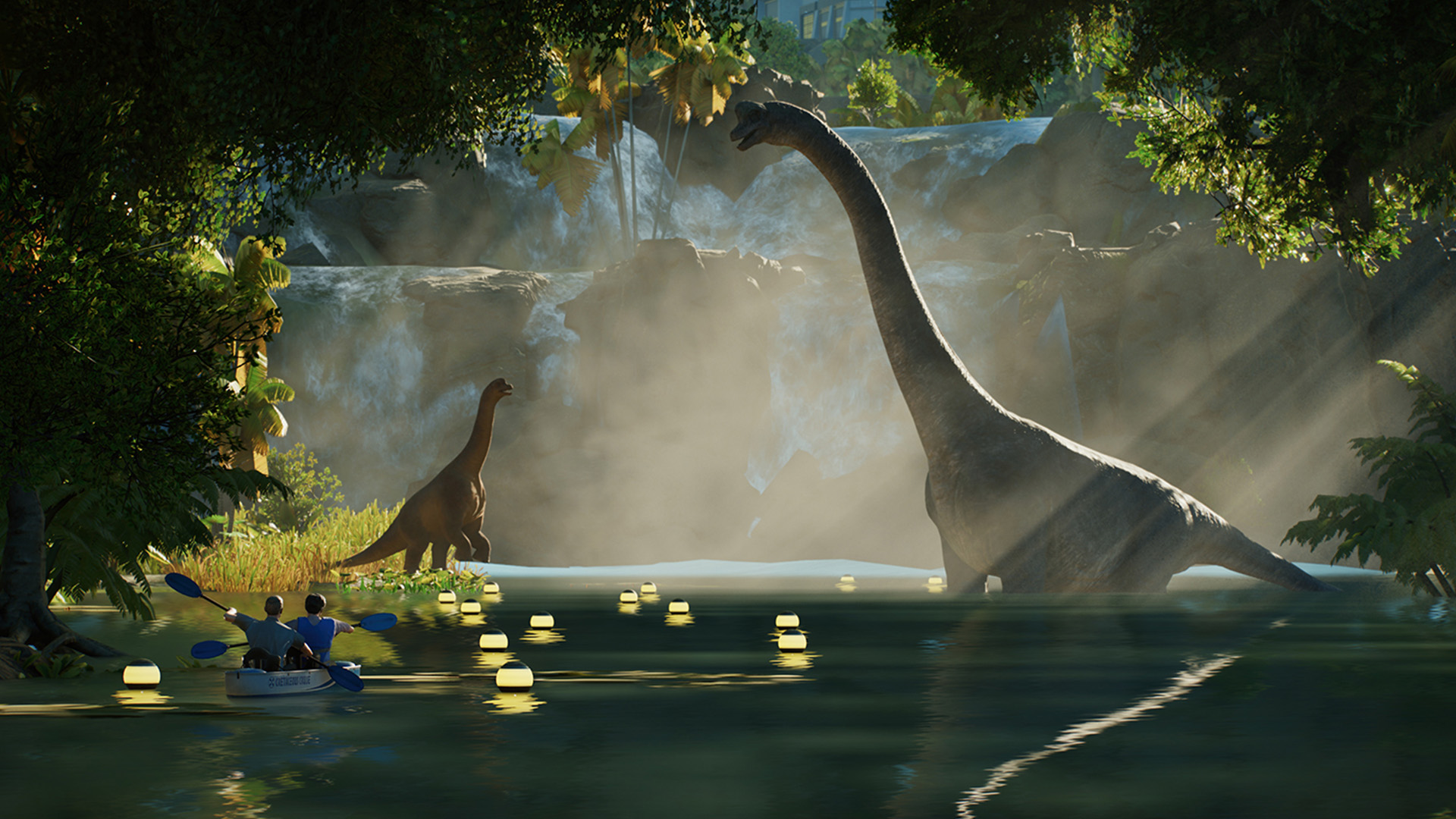 A crop of brachiosaurus wading in water in Jurassic World Evolution 3
