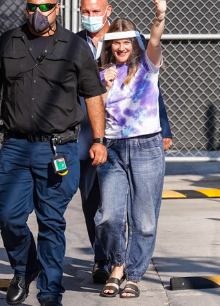 Drew Barrymore is seen arriving at 'Jimmy Kimmel Live' on September 08, 2021 in Los Angeles, California