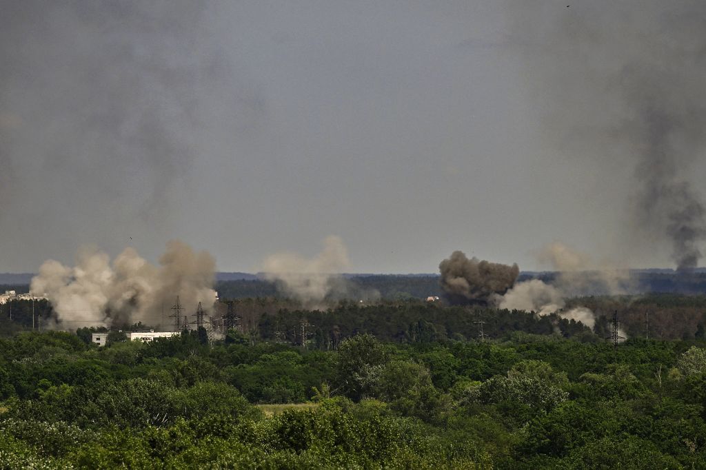 Smoke rises above Sievierodonetsk.