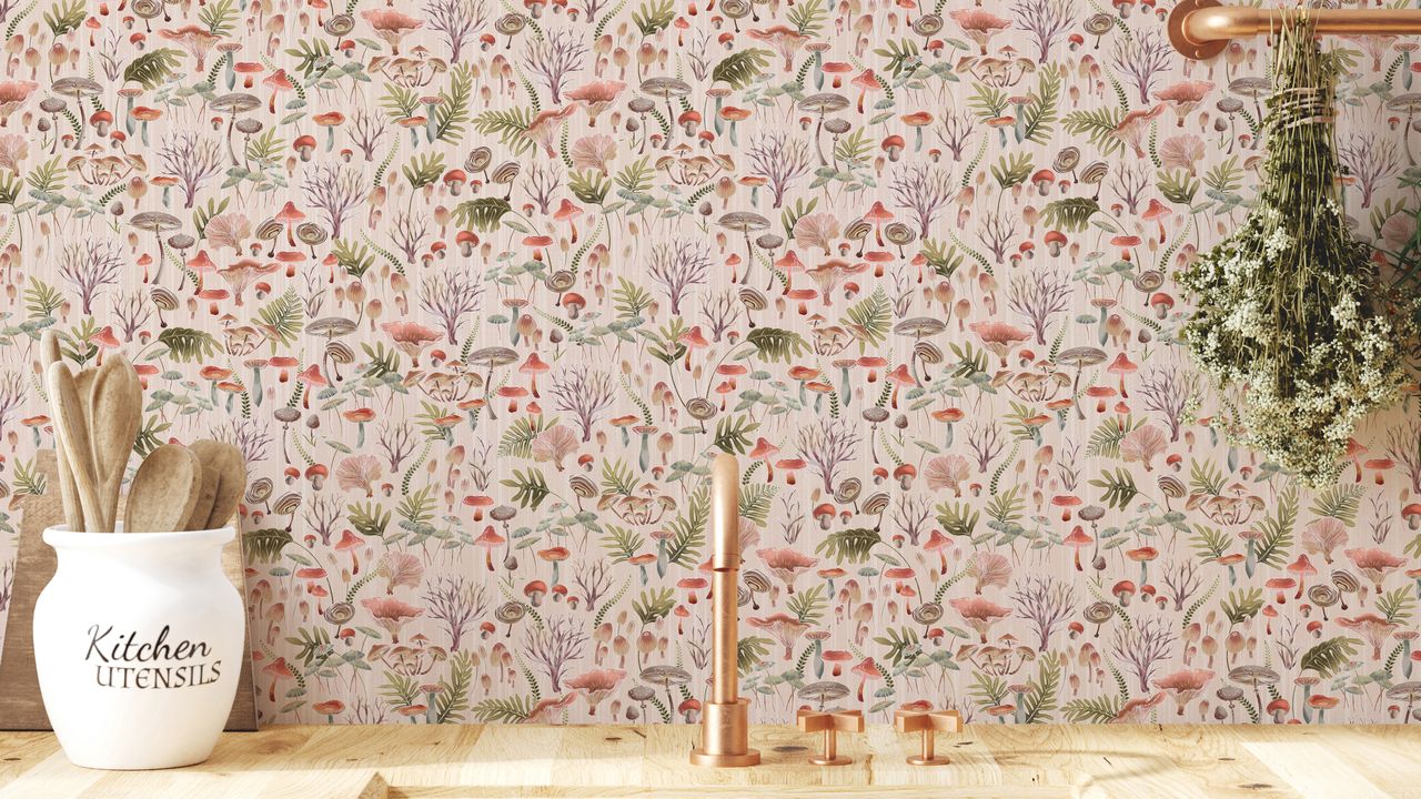 Mushroom printed wallpaper in a kitchen