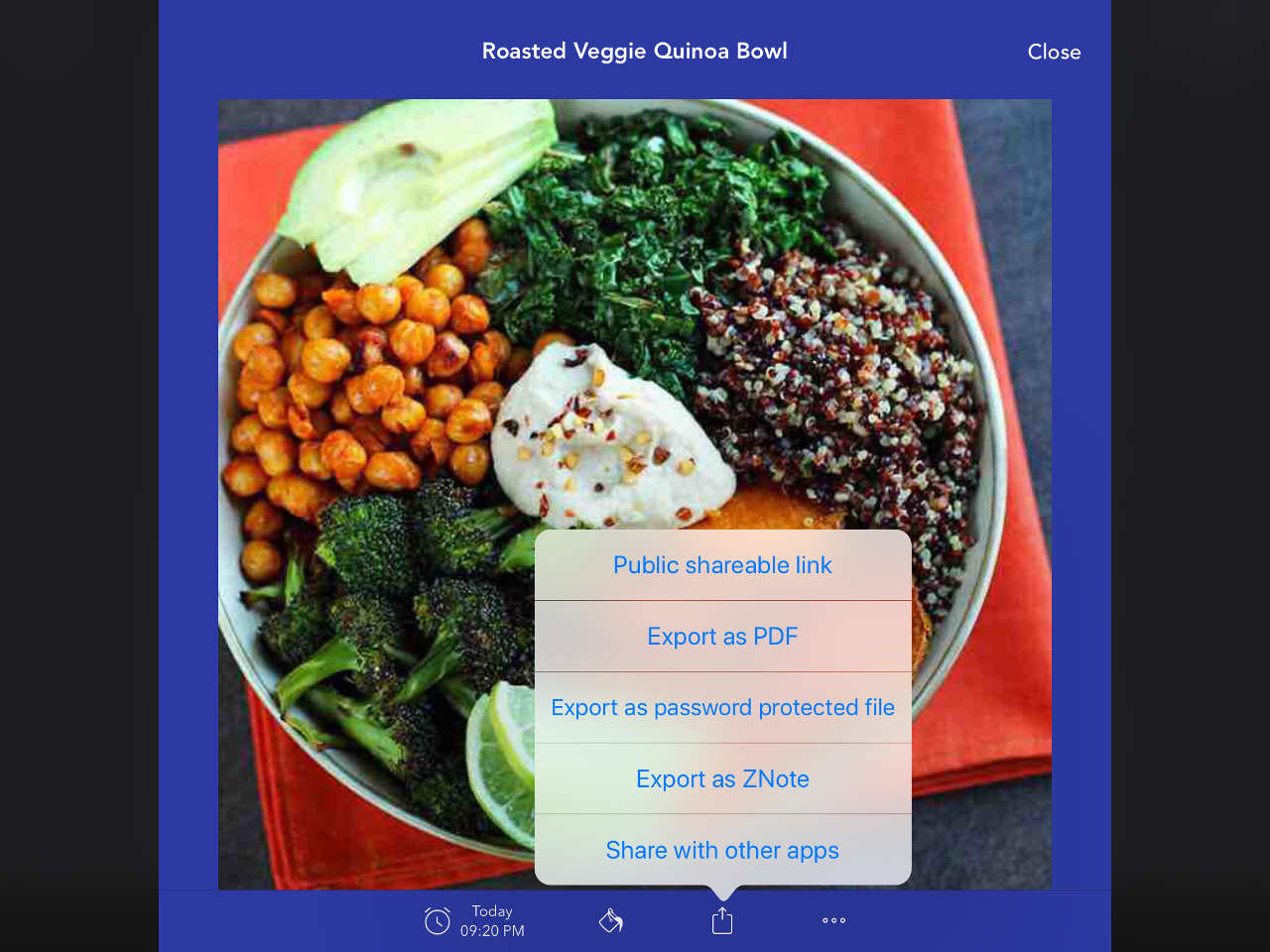 NOTEBOOK - Take Notes, Sync Screenshot: Quinoa bowl illustrates sharing options
