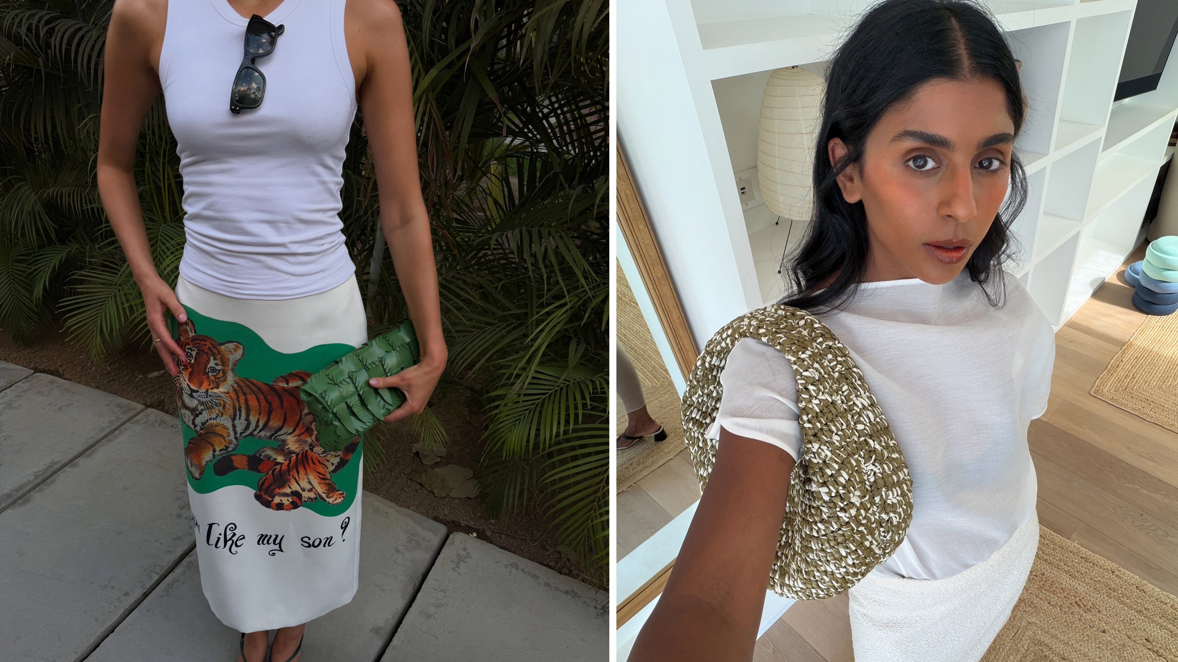 A collage of women wearing elegant summer bags.