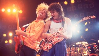 Sammy Hagar and Eddie Van Halen perform together in 1986