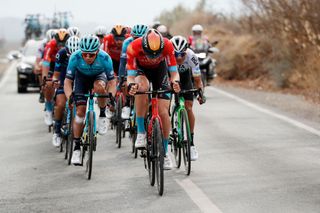 BAZA SPAIN FEBRUARY 19 LR Miguel ngel Lpez Moreno of Colombia and Team Astana Qazaqstan Jack Haig of Australia and Team Bahrain Victorious and Jefferson Alveiro Cepeda Hrnandez of Ecuador and Team Caja RuralAlea ompete in the breakaway during the 68th Vuelta A Andalucia Ruta Del Sol 2022 Stage 4 a 167km stage from Cllar Vega to Baza 836m 68RdS on February 19 2022 in Baza Spain Photo by Bas CzerwinskiGetty Images